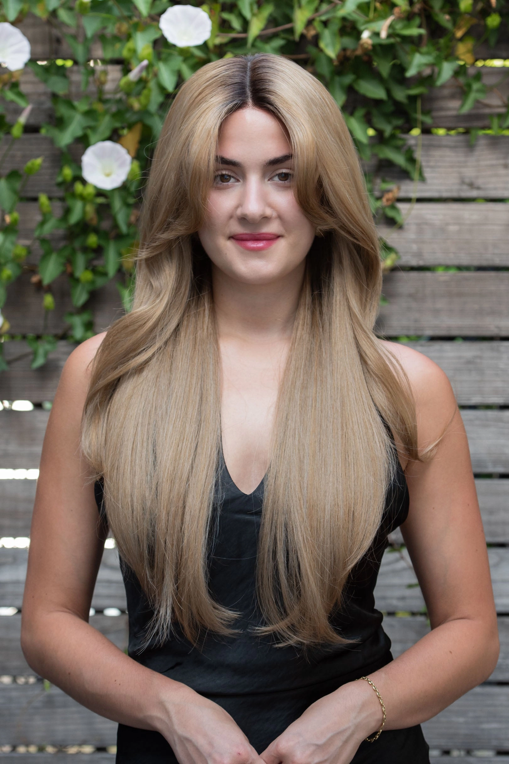 Golden Blonde Ombre Straight Lace Front Wig with Curtain Bangs Ayla