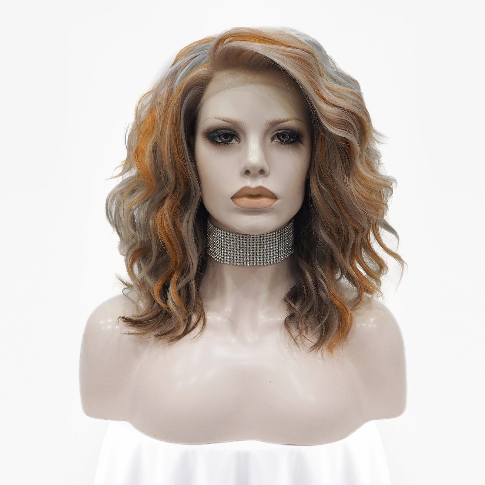 Gray Blue And Orange Highlight Short Curly Synthetic Lace Front Imstyle Wig