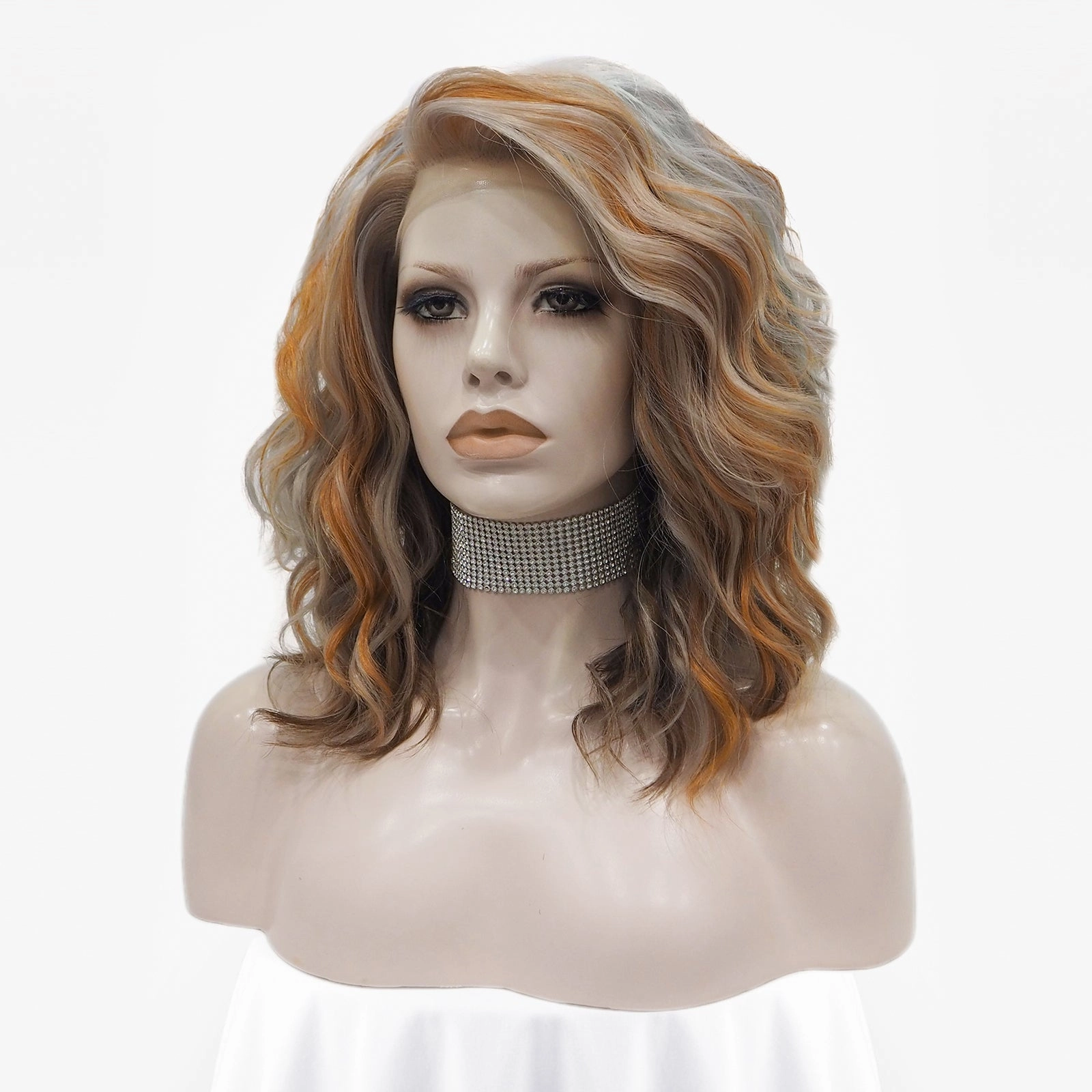 Gray Blue And Orange Highlight Short Curly Synthetic Lace Front Imstyle Wig