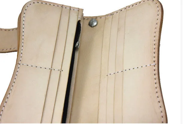 Handmade beige brown leather punk skull carved biker wallet Long wallet clutch for men