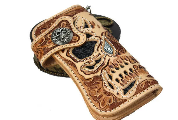 Handmade beige brown leather punk skull carved biker wallet Long wallet clutch for men