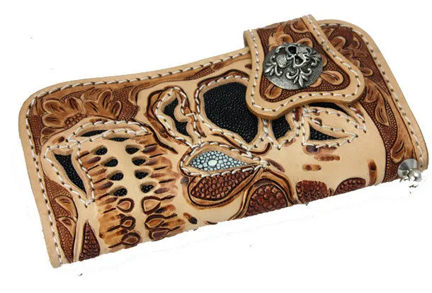 Handmade beige brown leather punk skull carved biker wallet Long wallet clutch for men