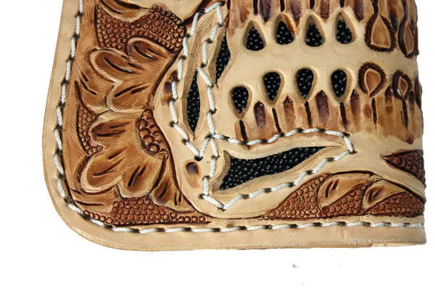 Handmade beige brown leather punk skull carved biker wallet Long wallet clutch for men