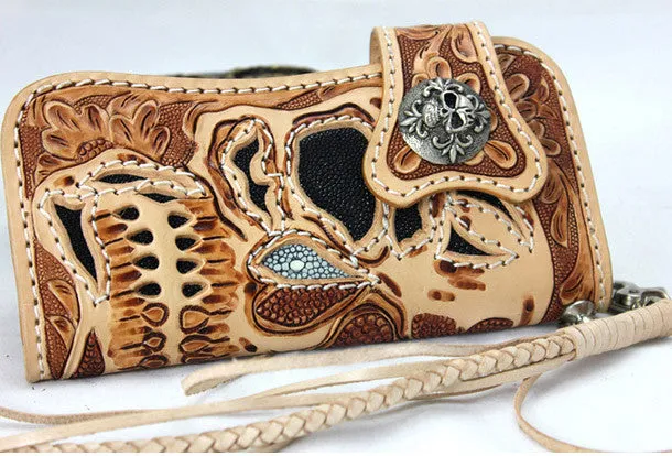 Handmade beige brown leather punk skull carved biker wallet Long wallet clutch for men