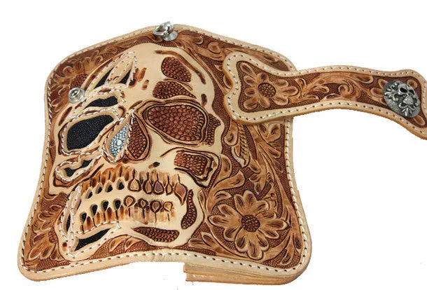 Handmade beige brown leather punk skull carved biker wallet Long wallet clutch for men