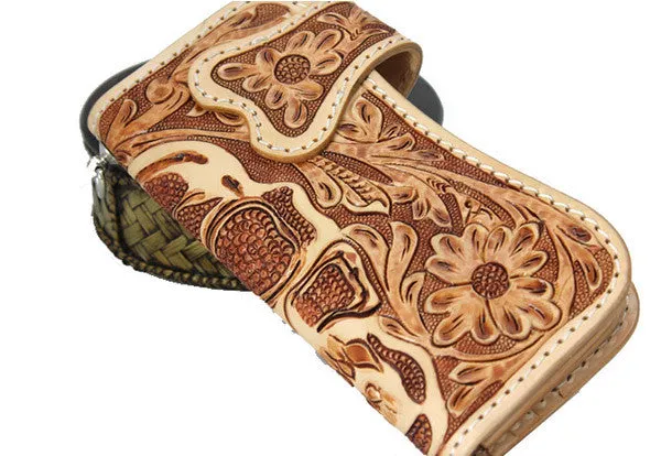 Handmade beige brown leather punk skull carved biker wallet Long wallet clutch for men