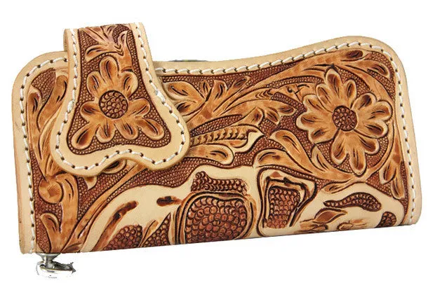 Handmade beige brown leather punk skull carved biker wallet Long wallet clutch for men