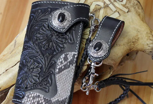 Handmade Biker Wallet Black Tooled Leather Wallet Biker Chain Wallets Cool Biker Wallets