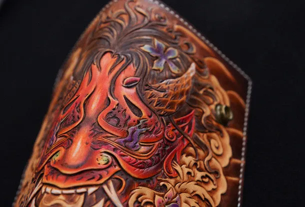 Handmade biker wallet coffee color carved prajna ghost leather long wallet for men