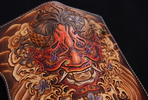 Handmade biker wallet coffee color carved prajna ghost leather long wallet for men