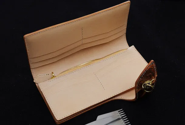 Handmade biker wallet coffee color carved prajna ghost leather long wallet for men
