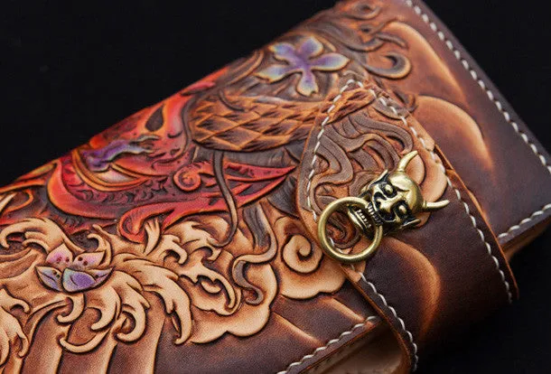 Handmade biker wallet coffee color carved prajna ghost leather long wallet for men