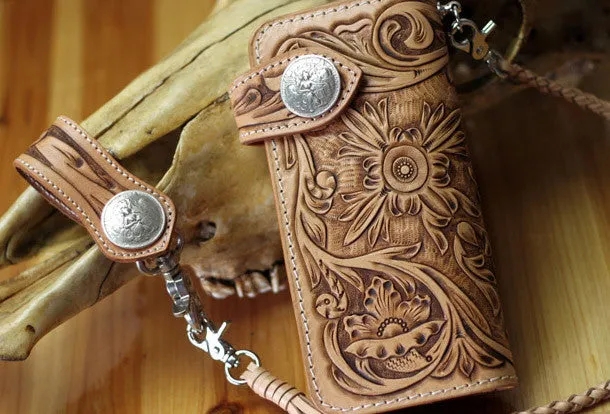 Handmade biker wallet floral tooled leather biker wallet hand tooled leather wallet chian wallet