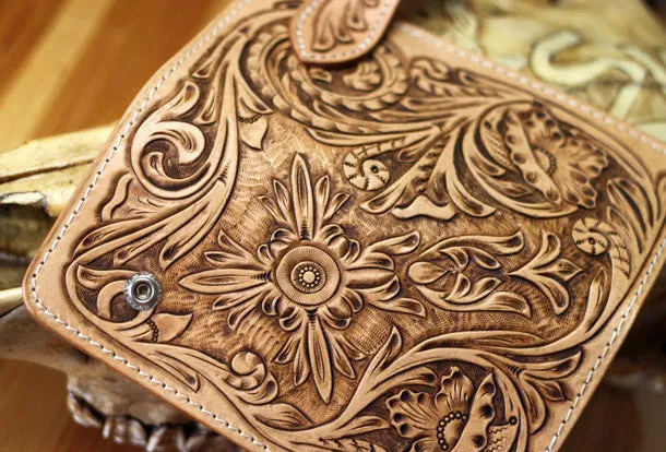 Handmade biker wallet floral tooled leather biker wallet hand tooled leather wallet chian wallet