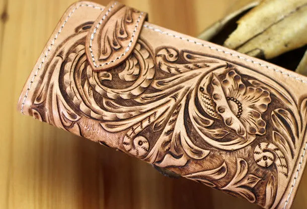 Handmade biker wallet floral tooled leather biker wallet hand tooled leather wallet chian wallet