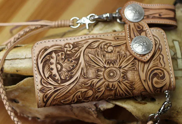 Handmade biker wallet floral tooled leather biker wallet hand tooled leather wallet chian wallet