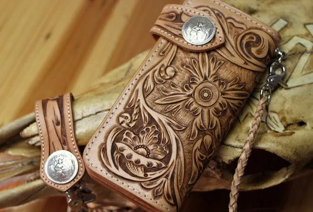 Handmade biker wallet floral tooled leather biker wallet hand tooled leather wallet chian wallet