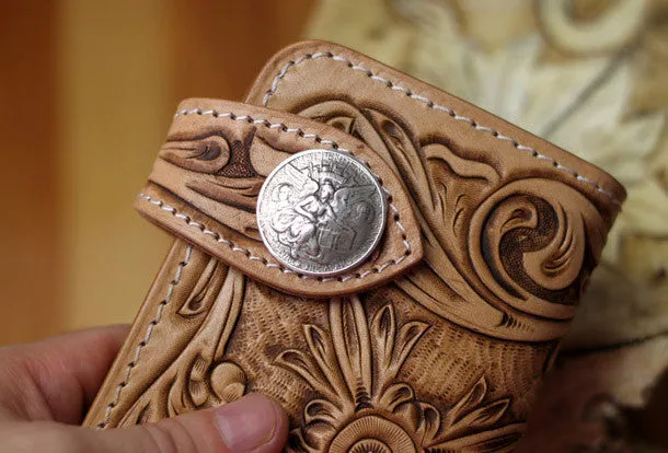 Handmade biker wallet floral tooled leather biker wallet hand tooled leather wallet chian wallet