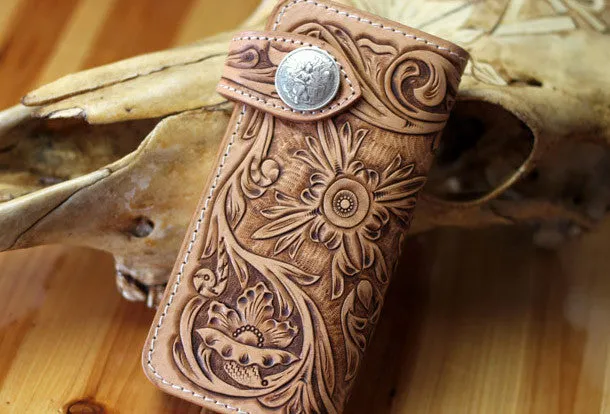 Handmade biker wallet floral tooled leather biker wallet hand tooled leather wallet chian wallet