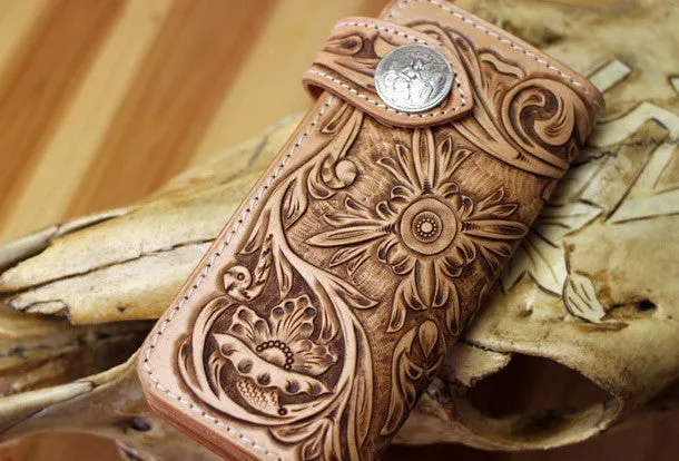 Handmade biker wallet floral tooled leather biker wallet hand tooled leather wallet chian wallet