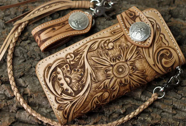 Handmade biker wallet floral tooled leather biker wallet hand tooled leather wallet chian wallet
