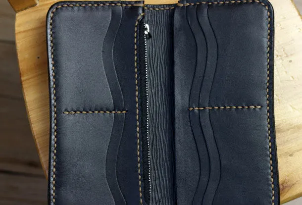 Handmade biker wallet leather black brown skull carved biker wallet Long wallet clutch for men