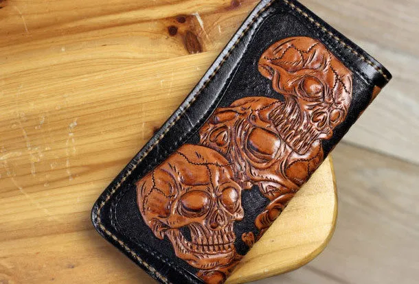 Handmade biker wallet leather black brown skull carved biker wallet Long wallet clutch for men