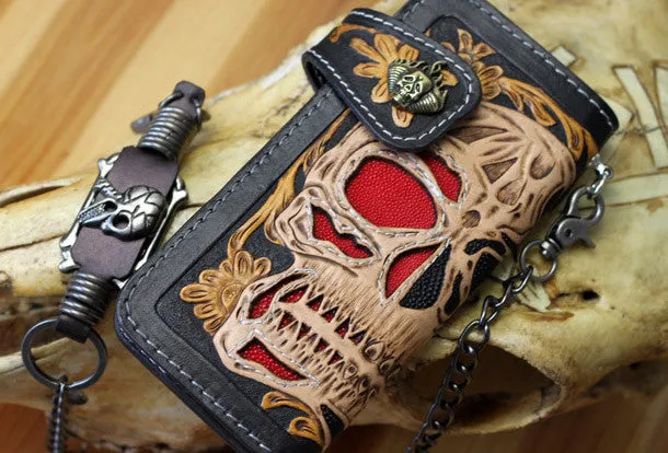 Handmade biker wallet Tooled leather skull chain biker wallet Chain Long wallet for men