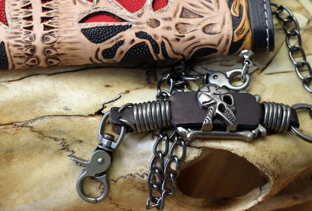 Handmade biker wallet Tooled leather skull chain biker wallet Chain Long wallet for men
