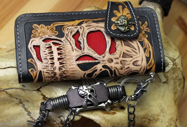Handmade biker wallet Tooled leather skull chain biker wallet Chain Long wallet for men