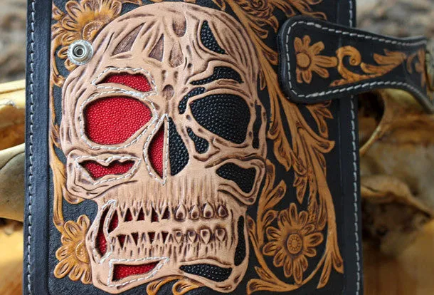 Handmade biker wallet Tooled leather skull chain biker wallet Chain Long wallet for men