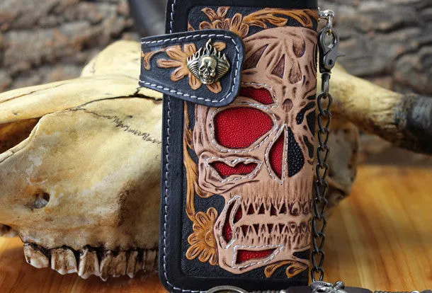 Handmade biker wallet Tooled leather skull chain biker wallet Chain Long wallet for men