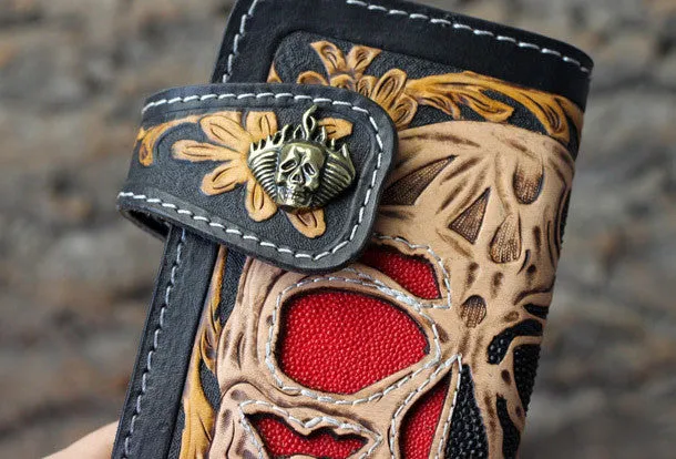 Handmade biker wallet Tooled leather skull chain biker wallet Chain Long wallet for men