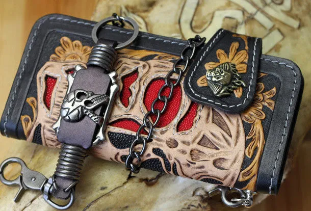 Handmade biker wallet Tooled leather skull chain biker wallet Chain Long wallet for men