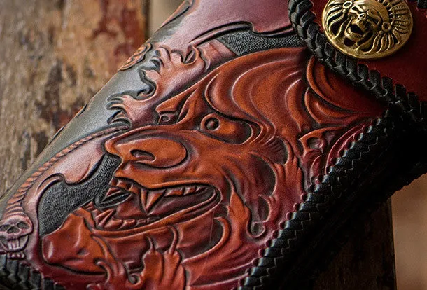 Handmade black brown leather prajna carved biker wallet Long wallet clutch for men