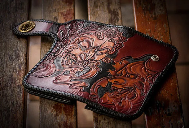 Handmade black brown leather prajna carved biker wallet Long wallet clutch for men