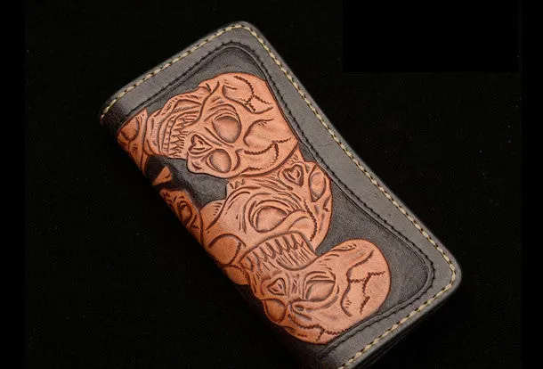 Handmade black brown leather skull carved biker wallet Long wallet clutch for men