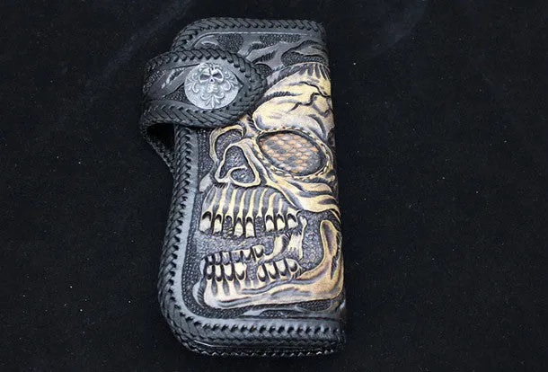 Handmade black leather punk Halley skull carved biker wallet Long wallet clutch for men