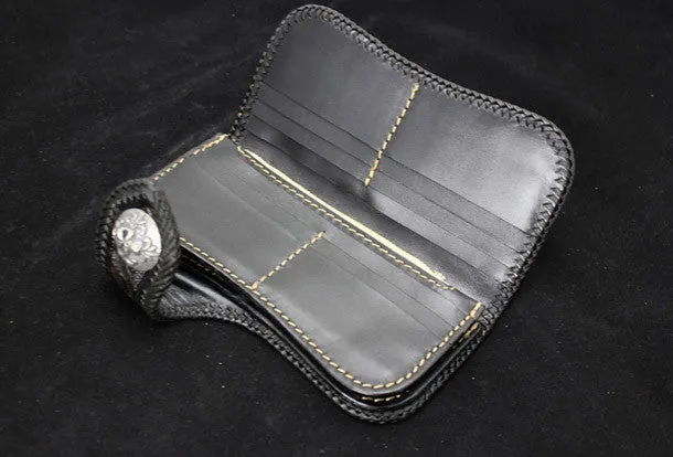 Handmade black leather punk Halley skull carved biker wallet Long wallet clutch for men