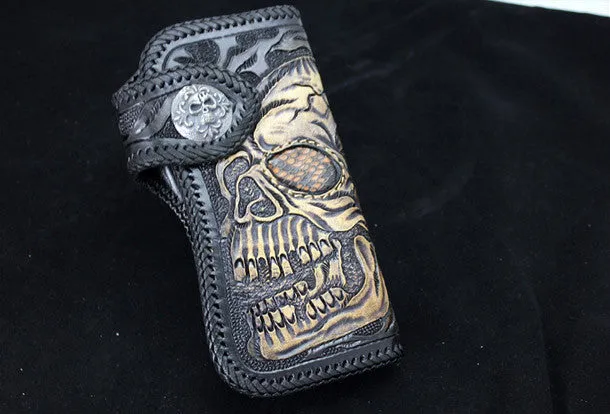 Handmade black leather punk Halley skull carved biker wallet Long wallet clutch for men