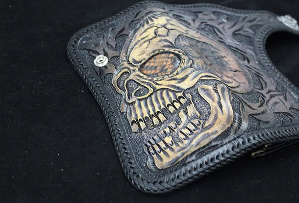 Handmade black leather punk Halley skull carved biker wallet Long wallet clutch for men