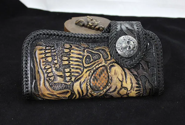 Handmade black leather punk Halley skull carved biker wallet Long wallet clutch for men