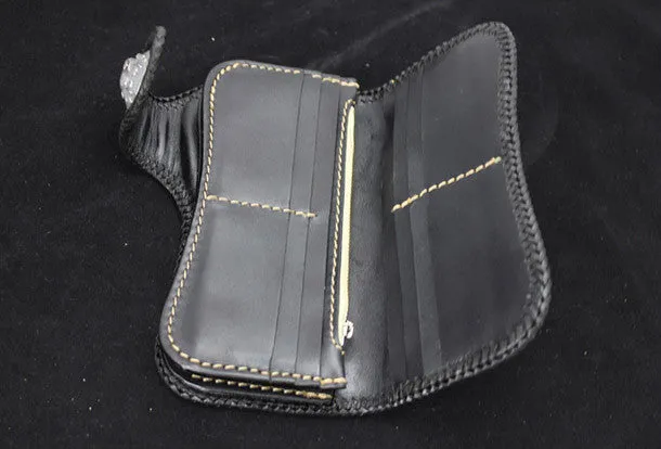 Handmade black leather punk Halley skull carved biker wallet Long wallet clutch for men