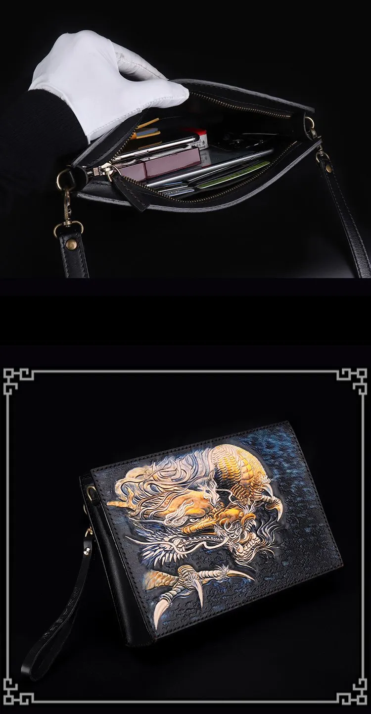Handmade Black Tooled Chinese Dragon Leather Clutch Wristlet Bag Messenger Bags Side Bag For Men