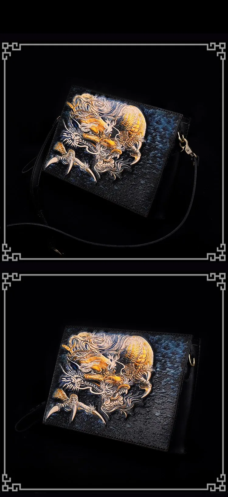Handmade Black Tooled Chinese Dragon Leather Clutch Wristlet Bag Messenger Bags Side Bag For Men