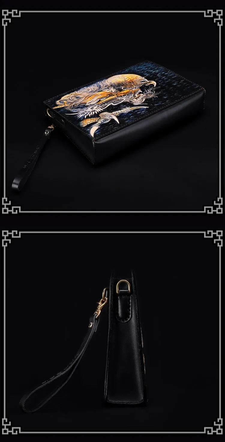 Handmade Black Tooled Chinese Dragon Leather Clutch Wristlet Bag Messenger Bags Side Bag For Men