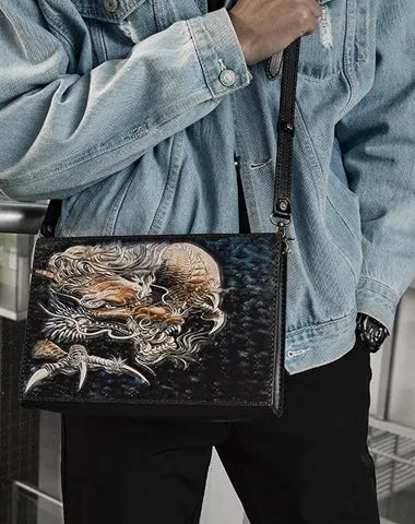Handmade Black Tooled Chinese Dragon Leather Clutch Wristlet Bag Messenger Bags Side Bag For Men