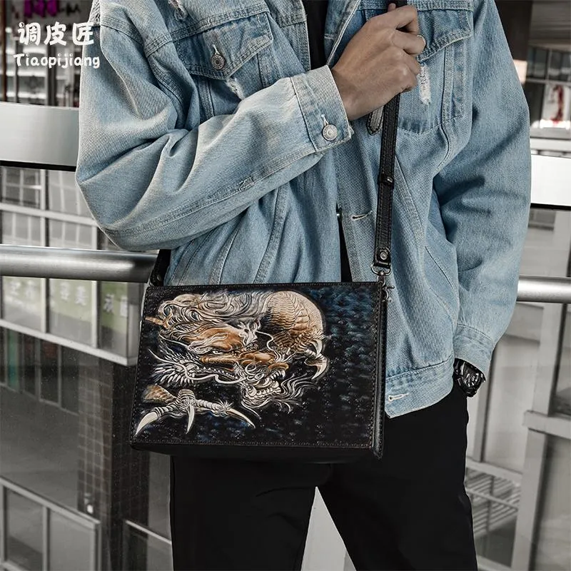 Handmade Black Tooled Chinese Dragon Leather Clutch Wristlet Bag Messenger Bags Side Bag For Men