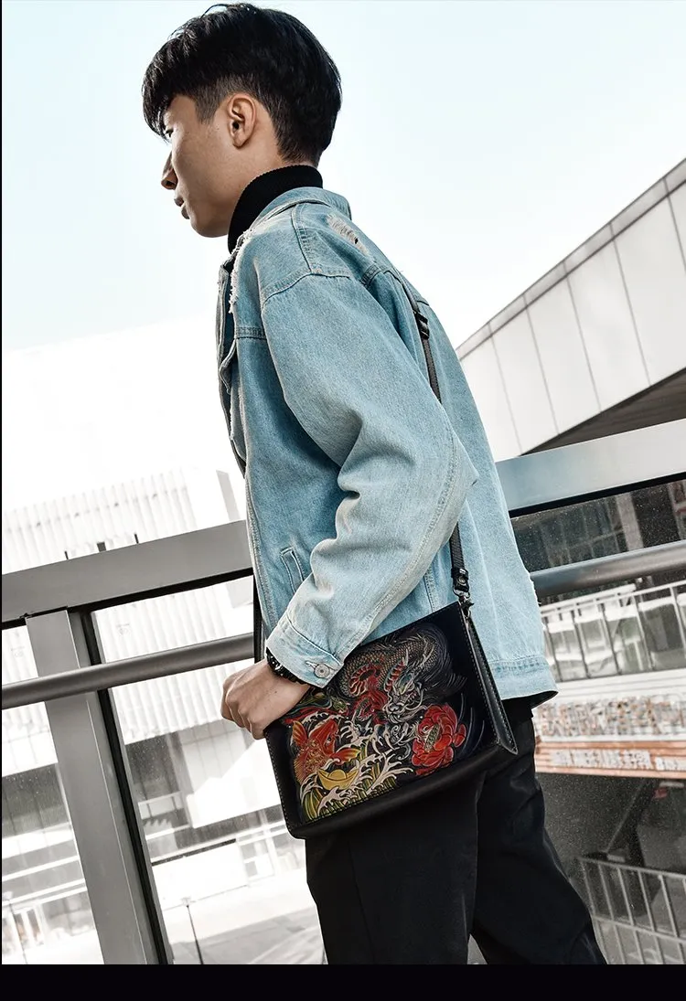 Handmade Black Tooled Dragon Carp Leather Messenger Bag Side Bag Clutch Wristlet Bag For Men