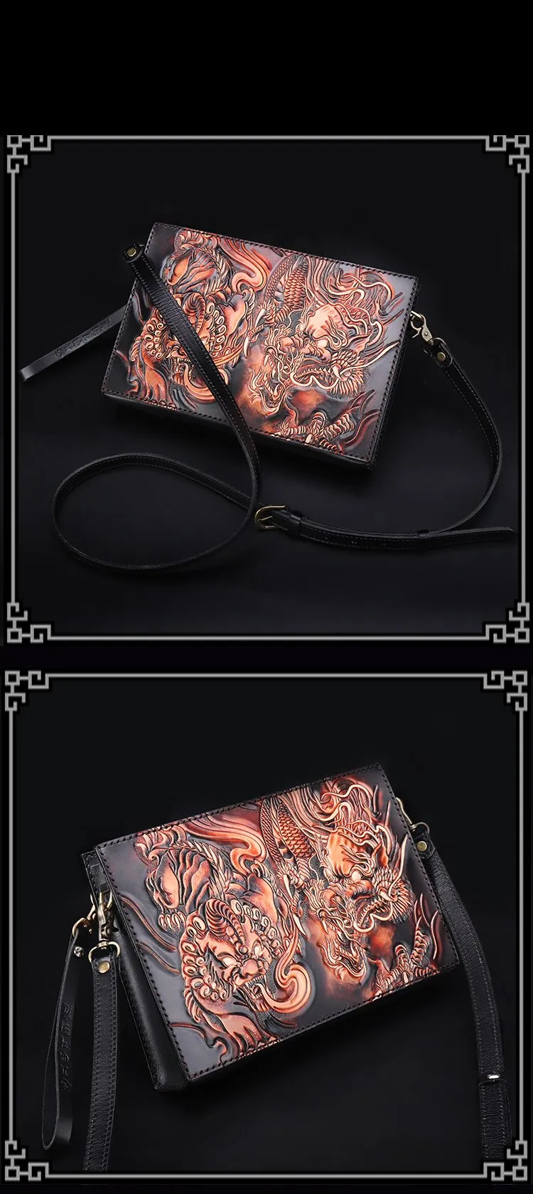 Handmade Black Tooled Lion Dragon Leather Messenger Bags Side Bag Clutch Wristlet Bag For Men